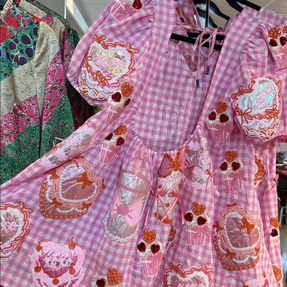 QUEEN OF SPARKLES Valentine's Day Pink and White Gingham Cakes and Pastries Dres - Picture 3 of 4